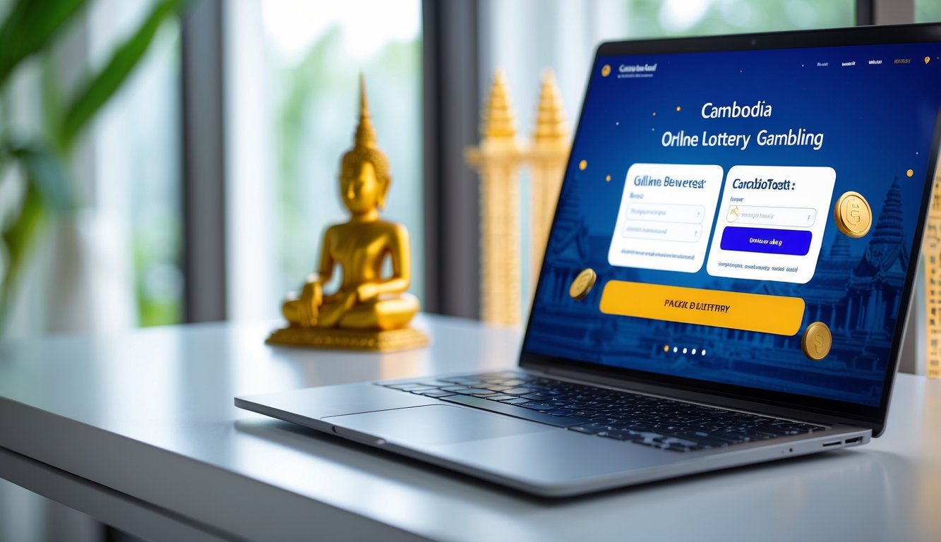 Sebuah ruang kerja modern dengan laptop yang menampilkan antarmuka situs togel online dan aksen budaya Kamboja di latar belakang.