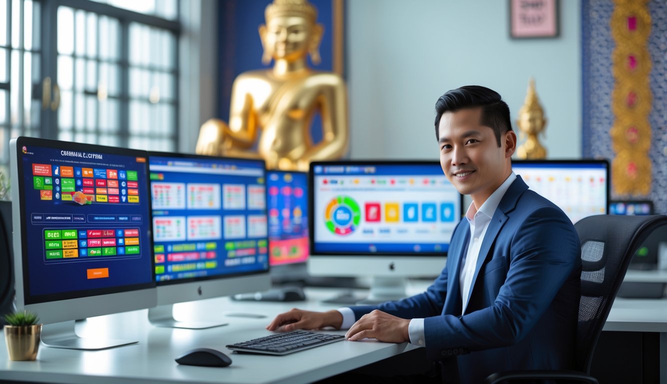 Seorang pria Asia Tenggara duduk di depan komputer di kantor modern dengan latar belakang elemen budaya Kamboja.
