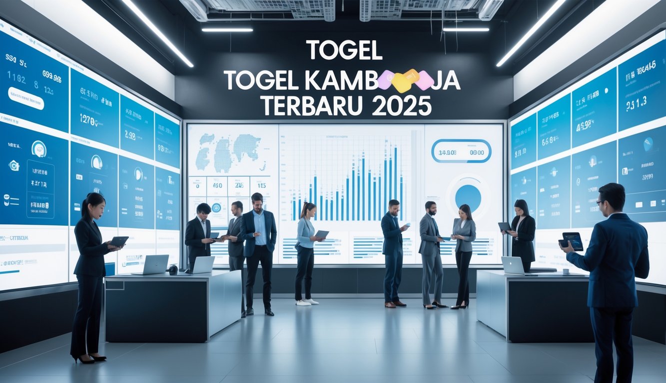 Orang-orang di kantor modern sedang menganalisis data dan grafik pada layar digital besar tanpa tulisan.