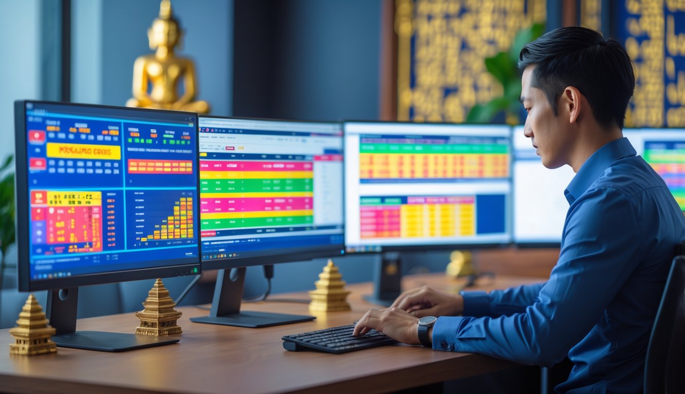 Seorang profesional sedang bekerja di depan beberapa layar komputer dengan data angka dan grafik, di ruang kantor modern dengan hiasan kecil bertema budaya Kamboja.