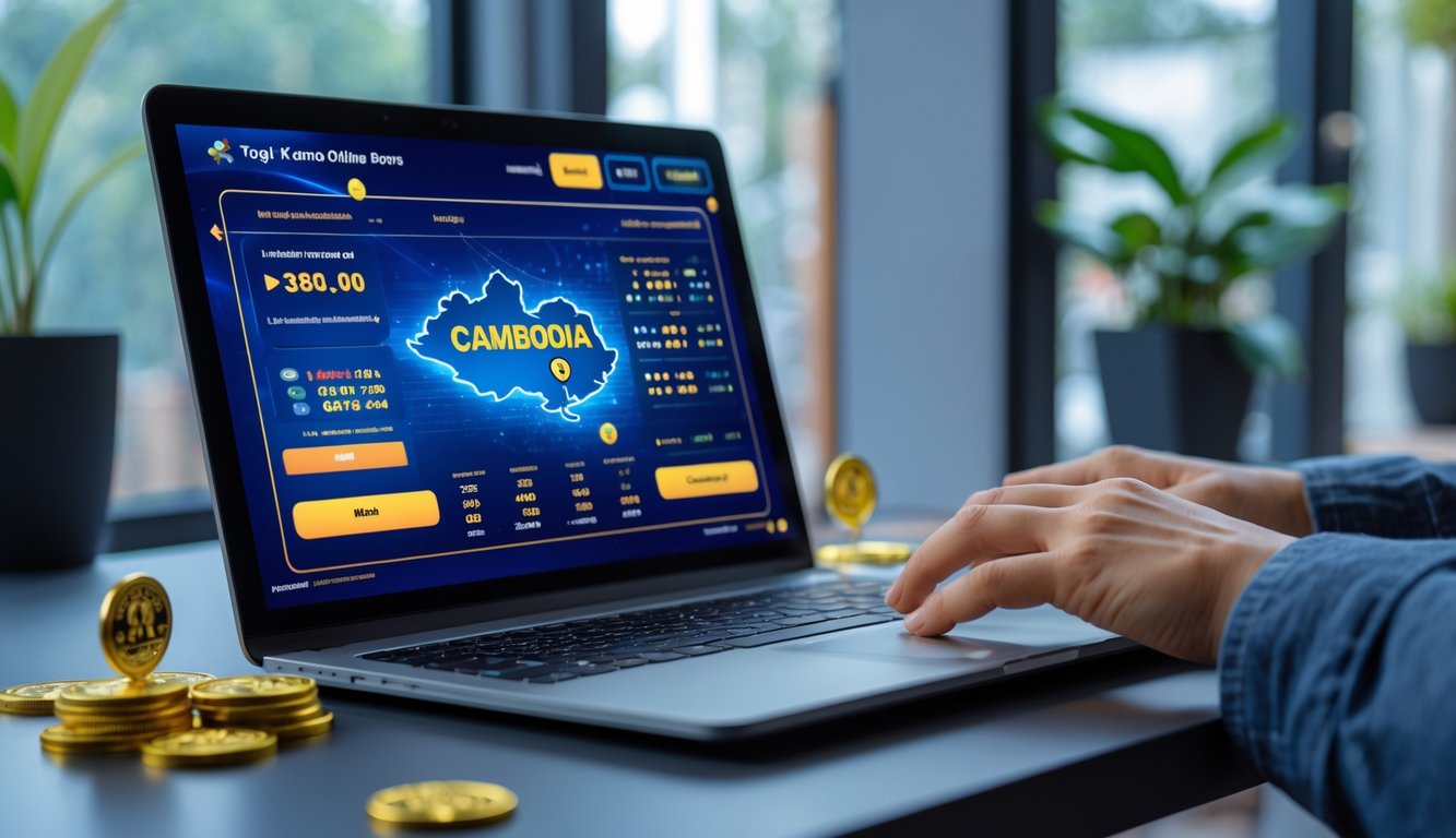 Seorang pengguna sedang menggunakan laptop di meja kerja dengan tampilan antarmuka permainan lotere online yang menampilkan peta Kamboja dan angka-angka lotere.