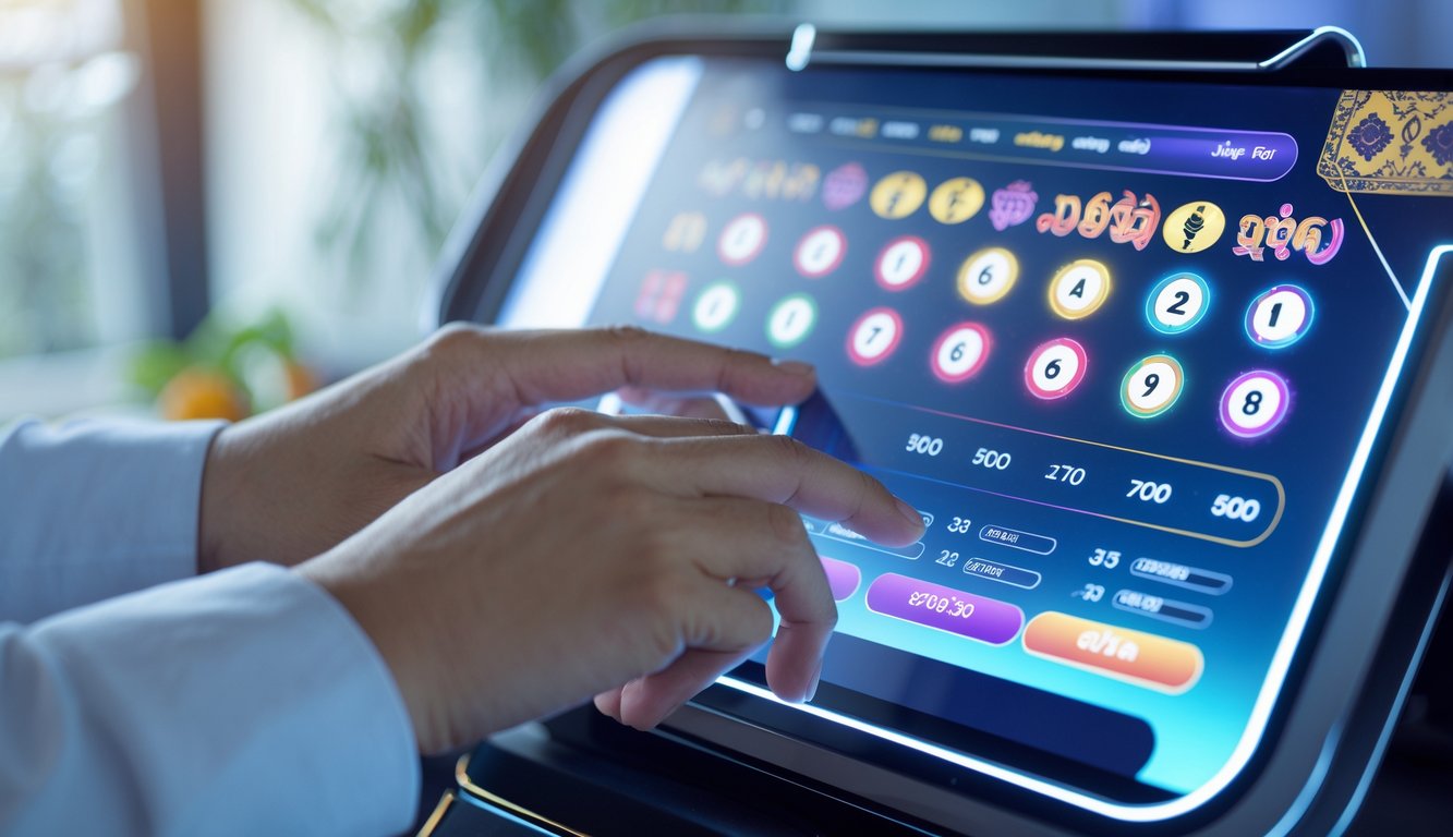 Tangan seseorang sedang menggunakan perangkat layar sentuh dengan latar belakang pola tradisional Kamboja.