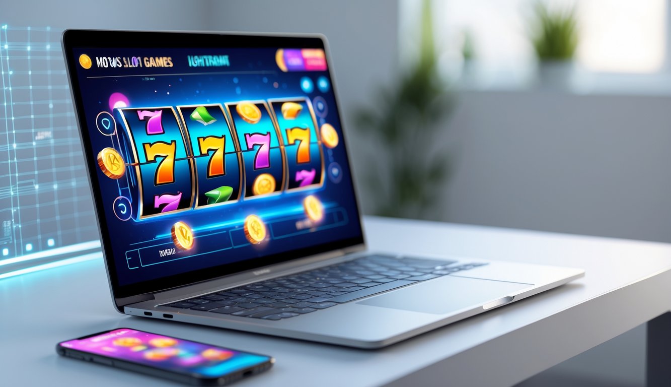 Laptop dan ponsel menampilkan permainan slot online dengan tampilan modern di atas meja minimalis.