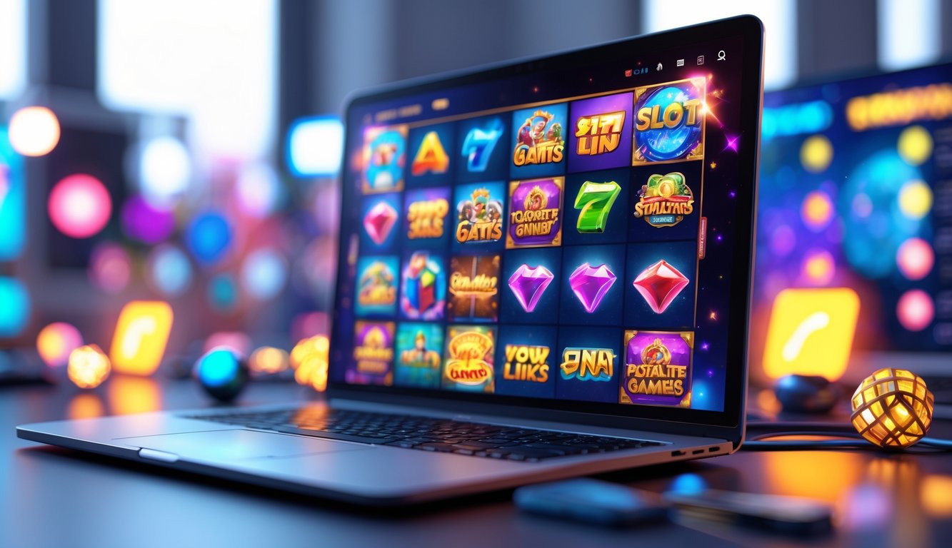Layar komputer menampilkan berbagai permainan slot online dengan tema dan warna yang beragam.