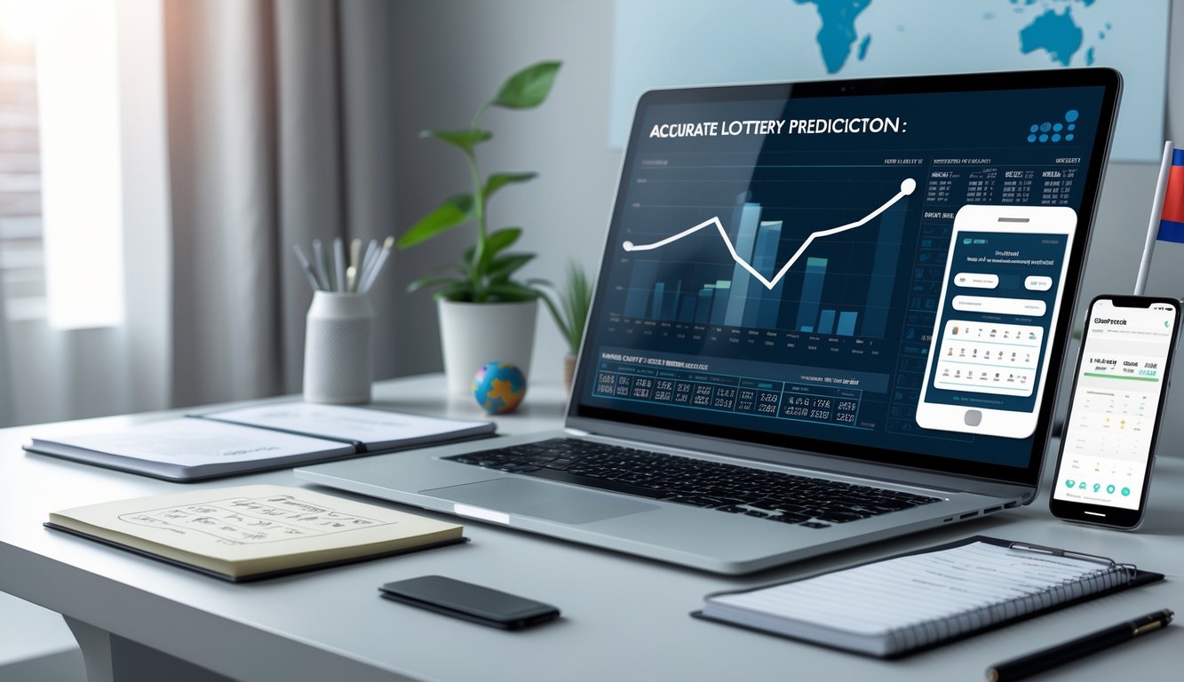 Meja kerja modern dengan laptop menampilkan grafik statistik dan alat tulis, menunjukkan aktivitas prediksi togel Kamboja yang akurat.