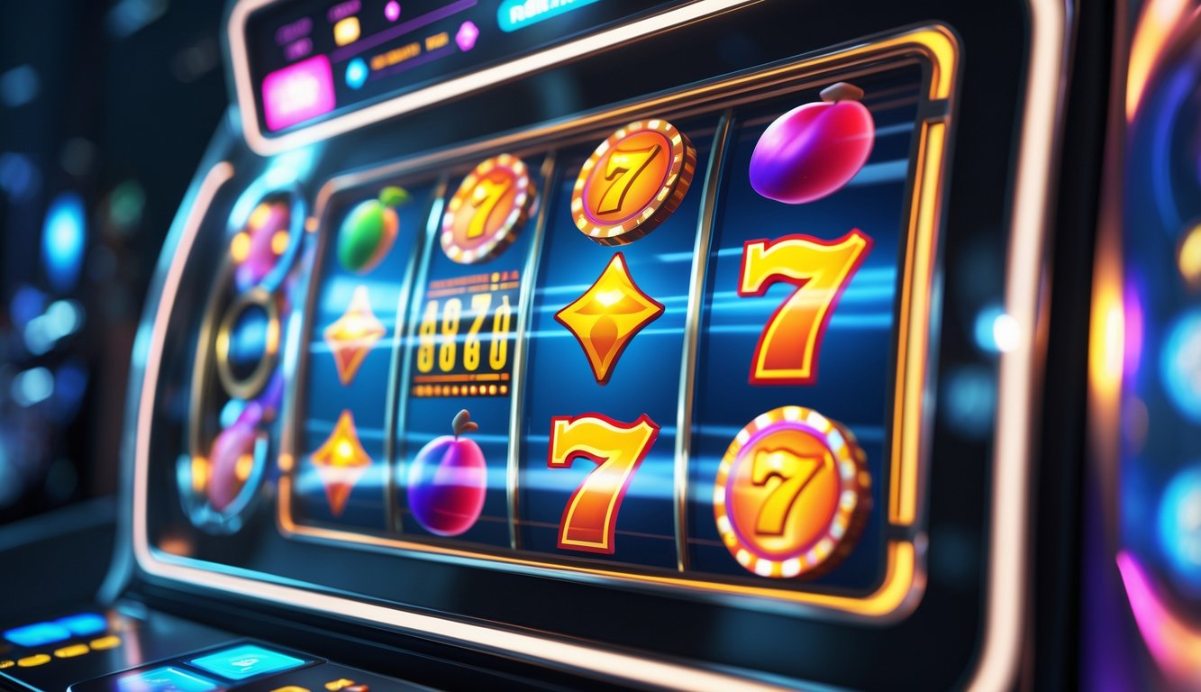 Tampilan mesin slot online interaktif dengan simbol warna-warni dan layar digital yang menarik.