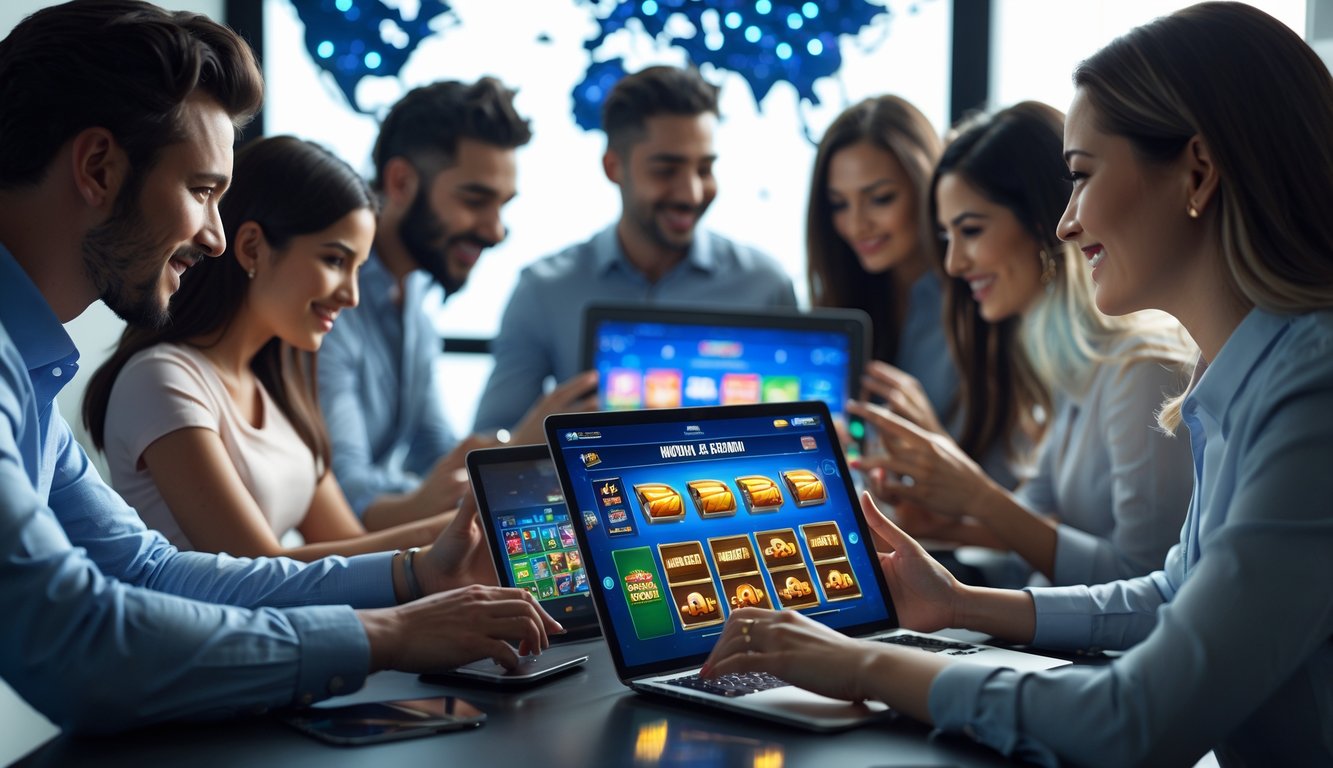 Beberapa orang menggunakan perangkat digital di lingkungan modern yang menampilkan permainan slot online dengan suasana profesional dan internasional.