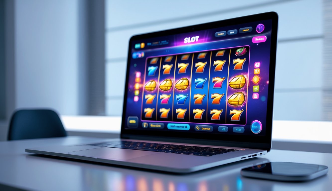 Seseorang menggunakan komputer dengan permainan slot online yang berwarna-warni di layar.