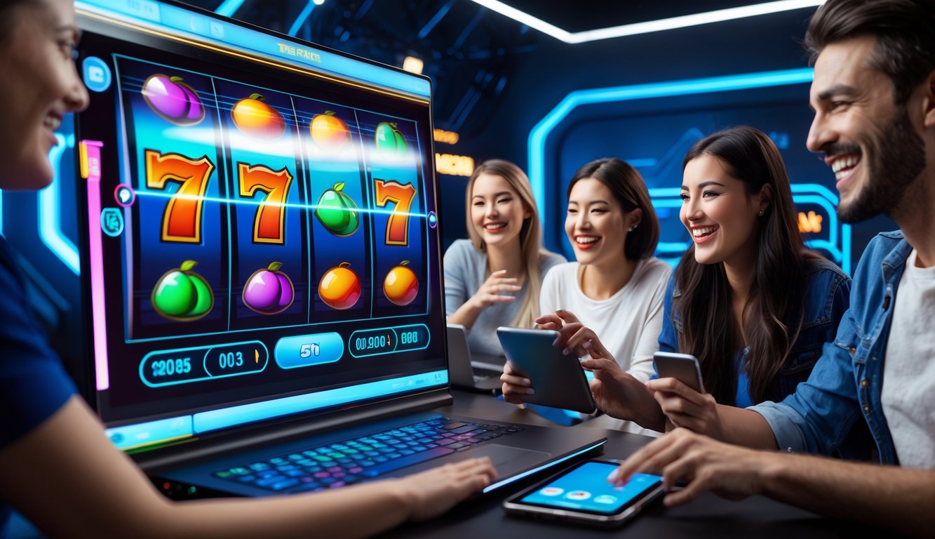 Beberapa orang sedang bermain mesin slot online dengan layar berwarna-warni yang menunjukkan gulungan berputar secara real-time.