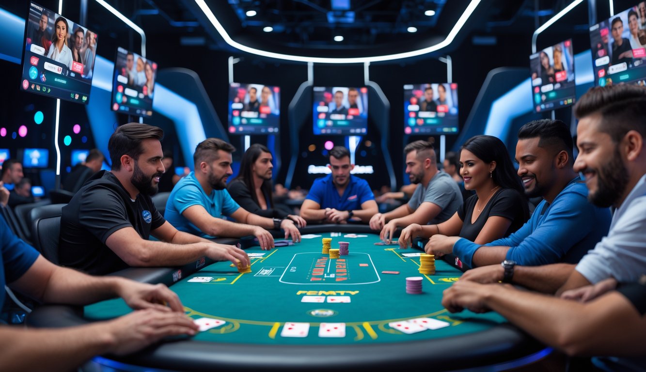 Suasana permainan poker online dengan beberapa meja aktif dan pemain yang fokus bermain melalui layar komputer.