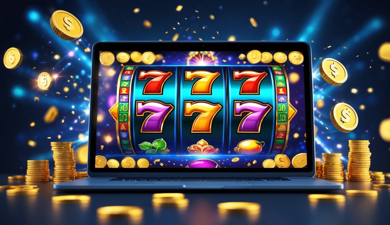 Seorang pemain menggunakan komputer dengan layar menampilkan permainan slot online berwarna-warni dengan simbol buah, angka tujuh, dan koin emas.
