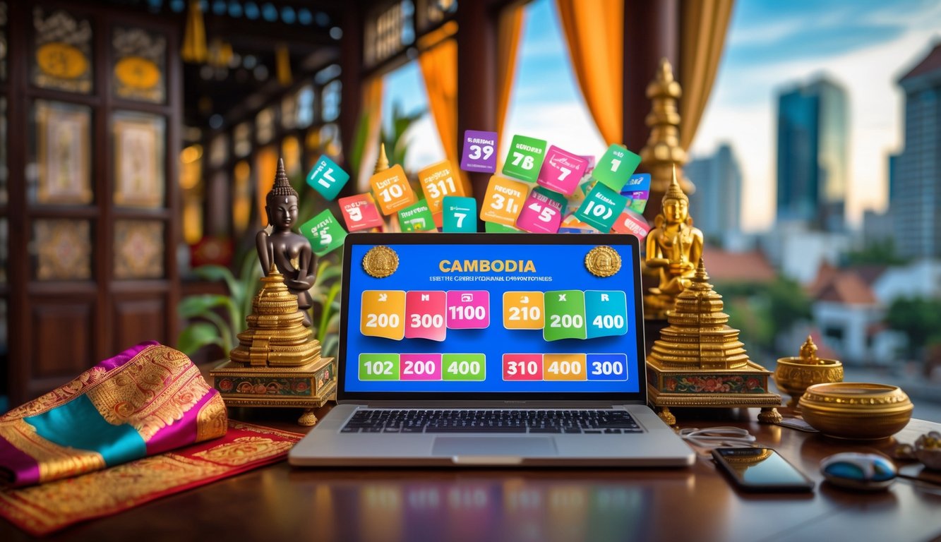 Meja kerja dengan laptop yang menampilkan grafik dan angka togel, dikelilingi oleh kain sutra dan artefak budaya Kamboja, dengan latar belakang pemandangan kota Kamboja.