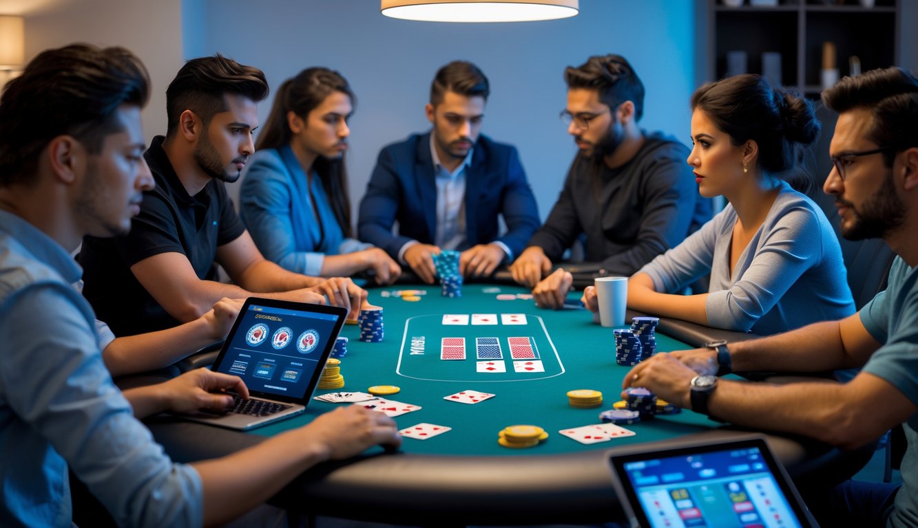 Sekelompok pemain poker online yang serius bermain di meja poker dengan perangkat digital di ruangan yang terang dan modern.