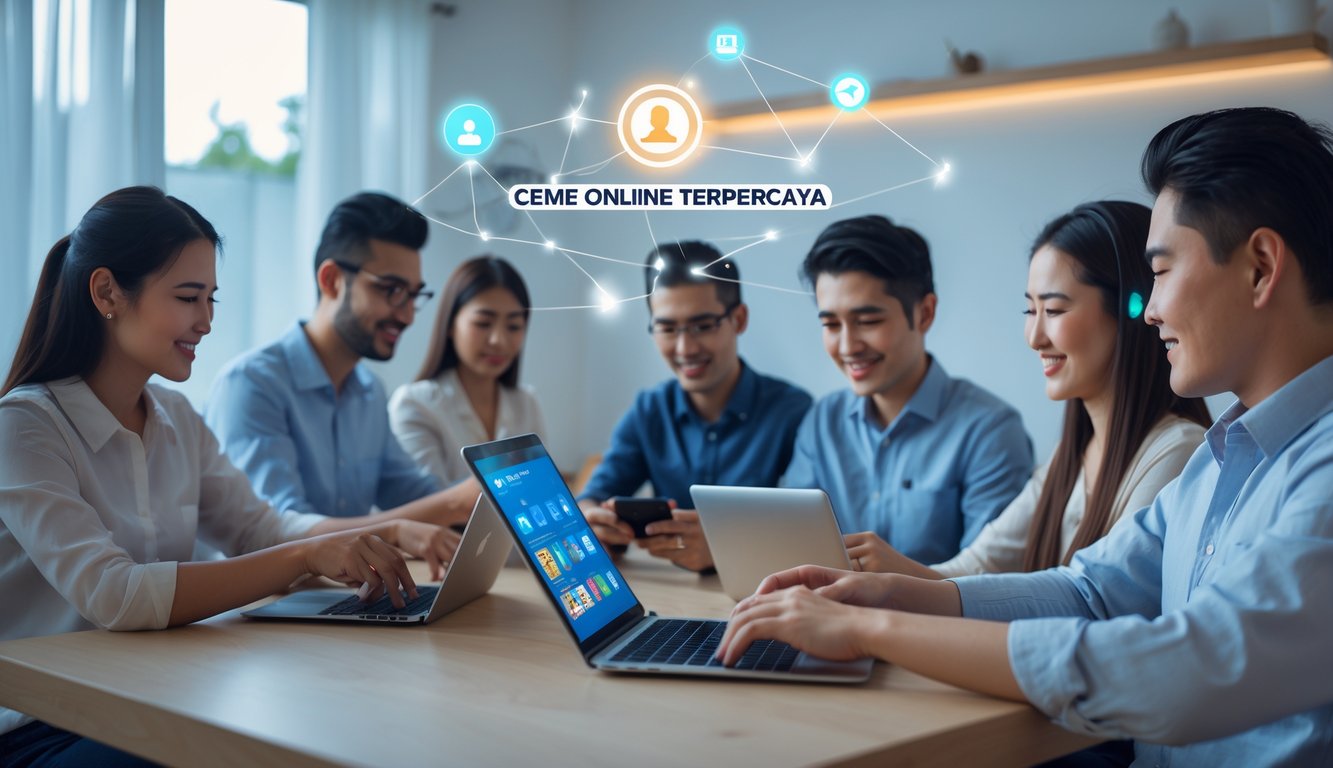 Beberapa orang sedang bermain permainan kartu online bersama di rumah dengan suasana yang nyaman dan fokus.