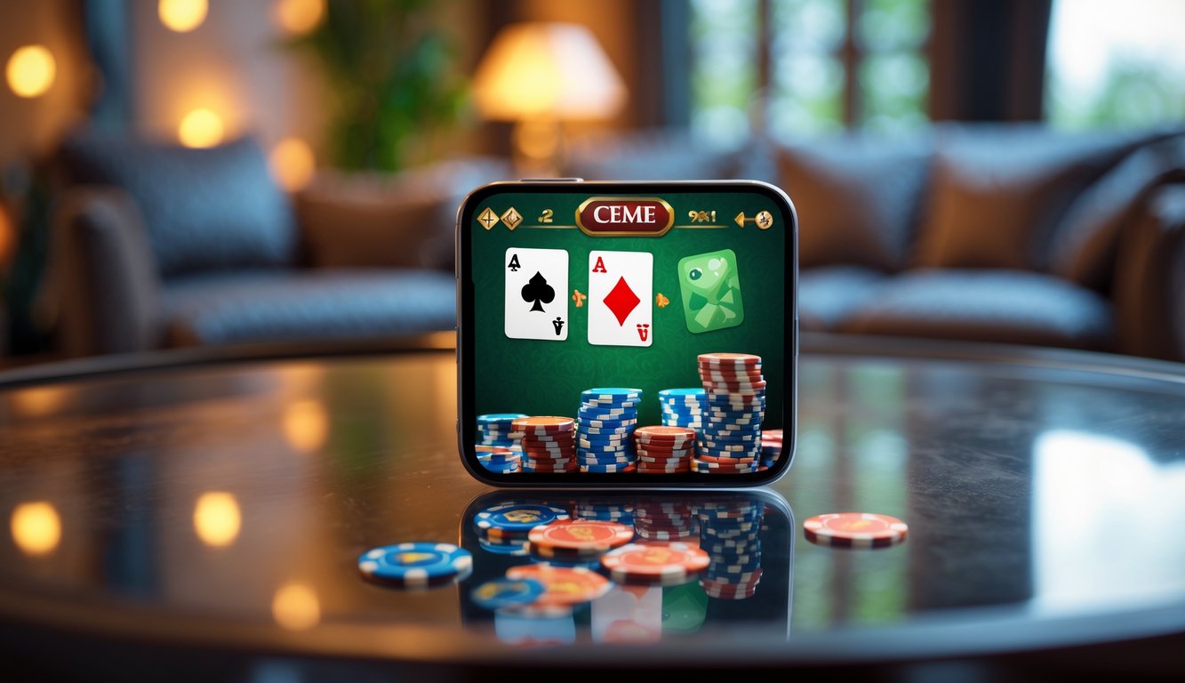 Smartphone menampilkan permainan kartu digital di atas meja kayu dengan latar belakang ruangan yang hangat dan kabur.