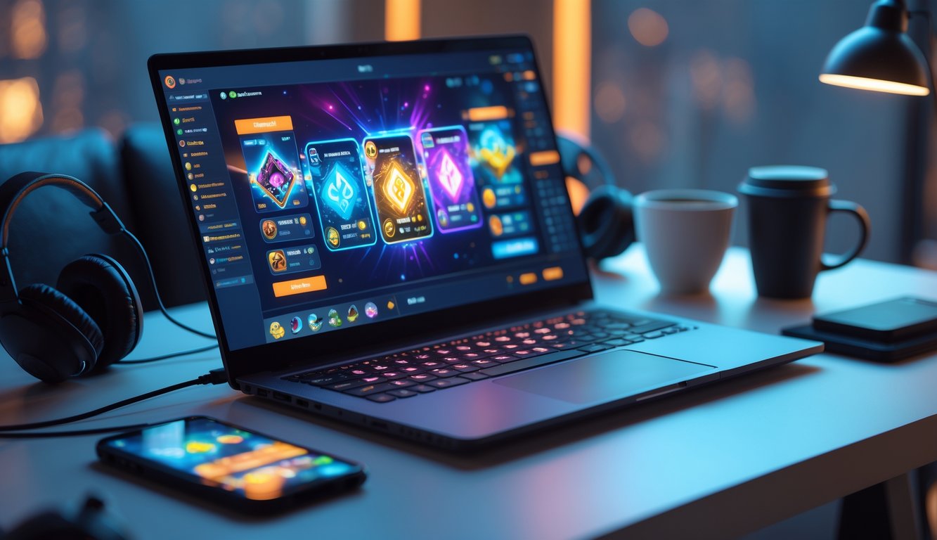 Seorang pemain sedang menggunakan laptop dengan layar menampilkan permainan kartu online di atas meja yang rapi dengan aksesori gaming di sekitarnya.