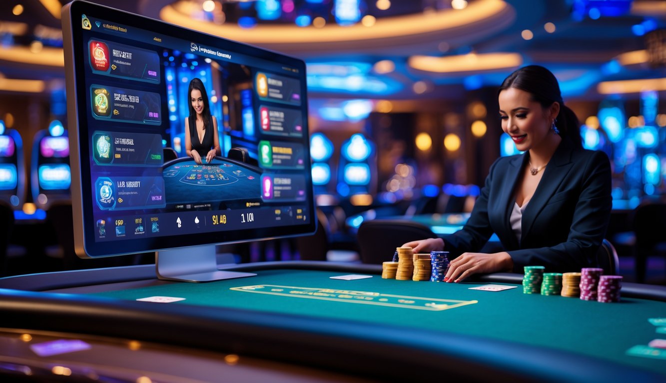 Seorang dealer kasino sedang membagikan kartu di meja kasino dengan tampilan antarmuka permainan langsung di layar komputer.