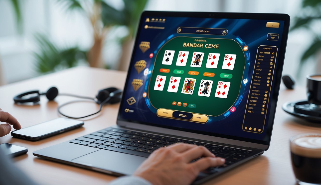 Seorang pemain menggunakan laptop untuk bermain permainan kartu Bandar Ceme secara online di meja kerja yang rapi.