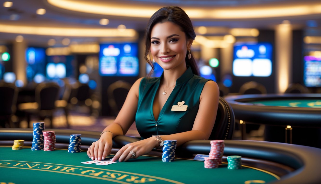 Seorang dealer wanita profesional tersenyum duduk di meja permainan kasino dengan kartu dan chip poker di depan, di latar belakang suasana kasino modern.
