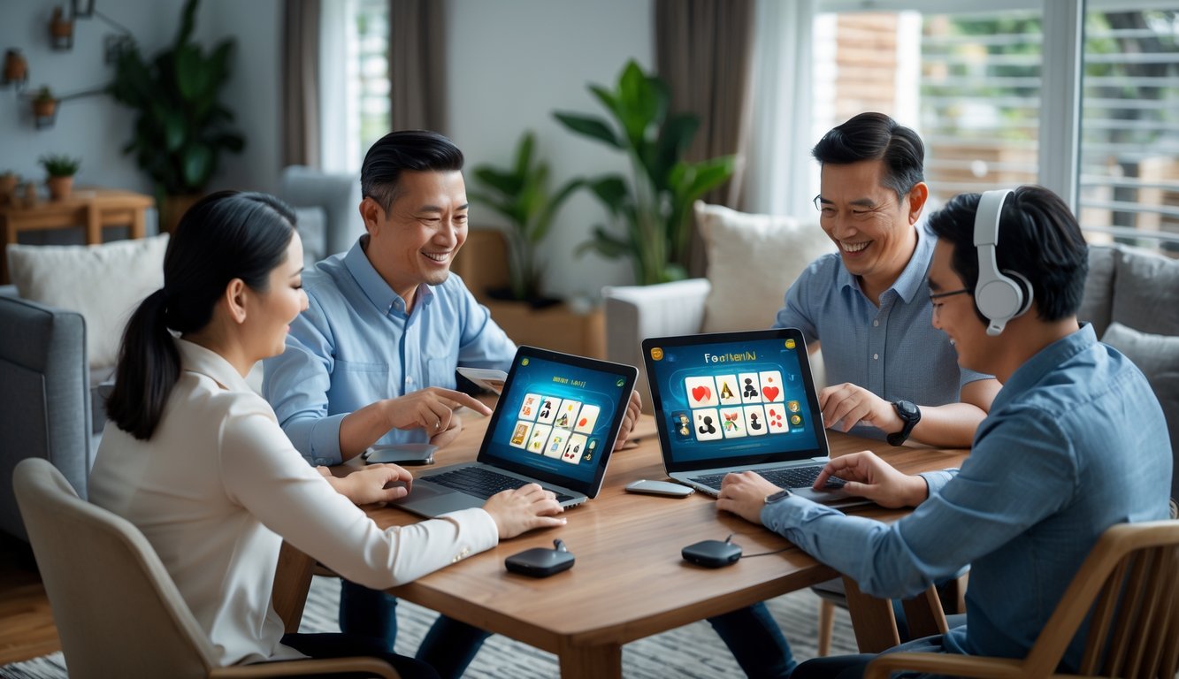 Empat orang dewasa sedang bermain permainan kartu secara online di ruang tamu yang nyaman dengan perangkat digital.