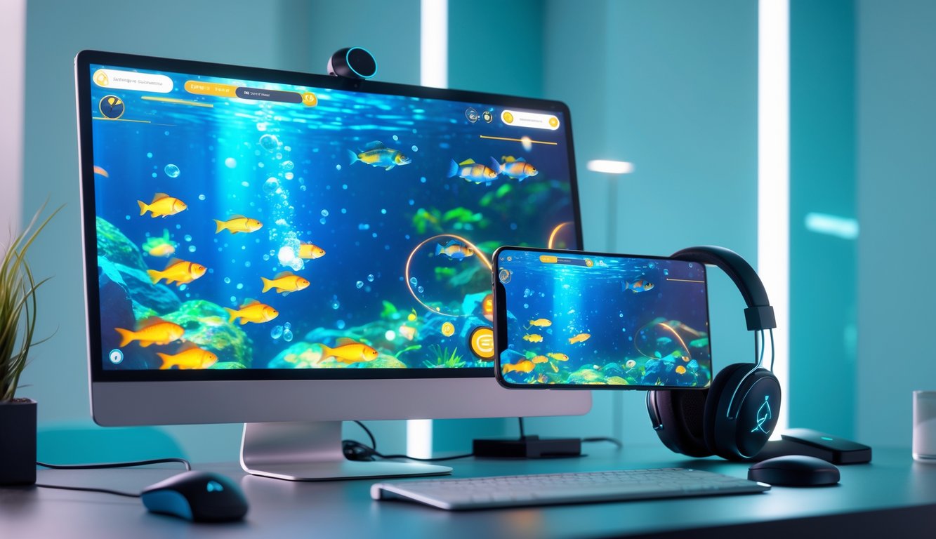 Tampilan antarmuka permainan tembak ikan online modern dengan efek visual warna-warni pada layar komputer dan ponsel di meja kerja minimalis.