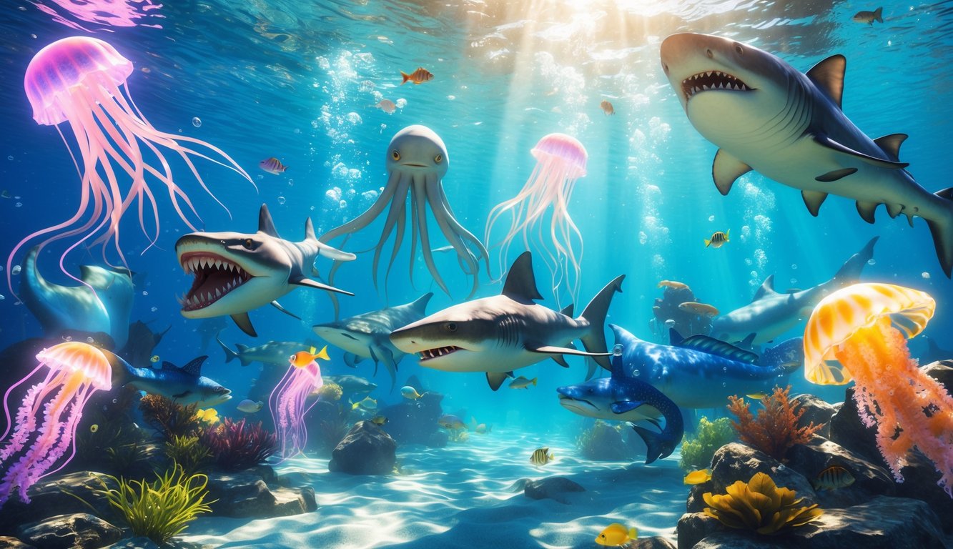 Pemandangan bawah laut dengan berbagai monster laut berwarna-warni yang berenang di air biru jernih.