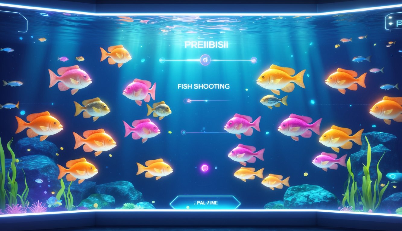 Tampilan layar permainan tembak ikan online dengan ikan berwarna-warni berenang di dalam air biru laut yang dalam.