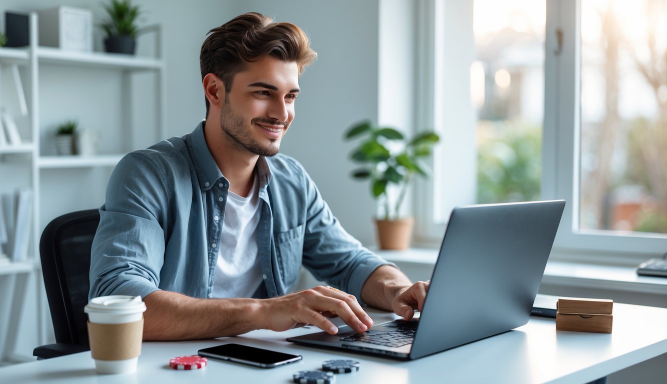 Seorang pria muda duduk di meja modern sambil bermain permainan kartu online di laptop di ruang kerja rumah yang terang dan rapi.