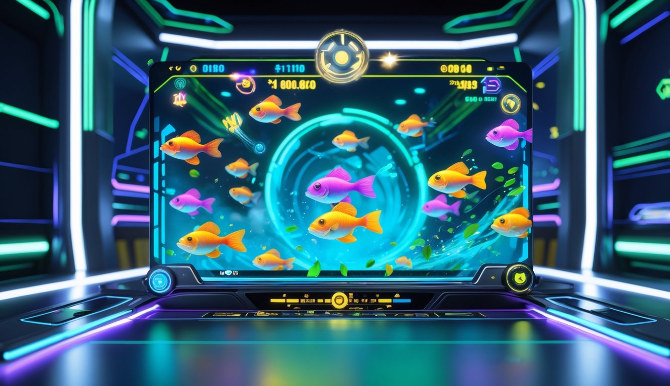 Layar permainan tembak ikan online dengan ikan berwarna-warni dan elemen permainan yang dinamis.