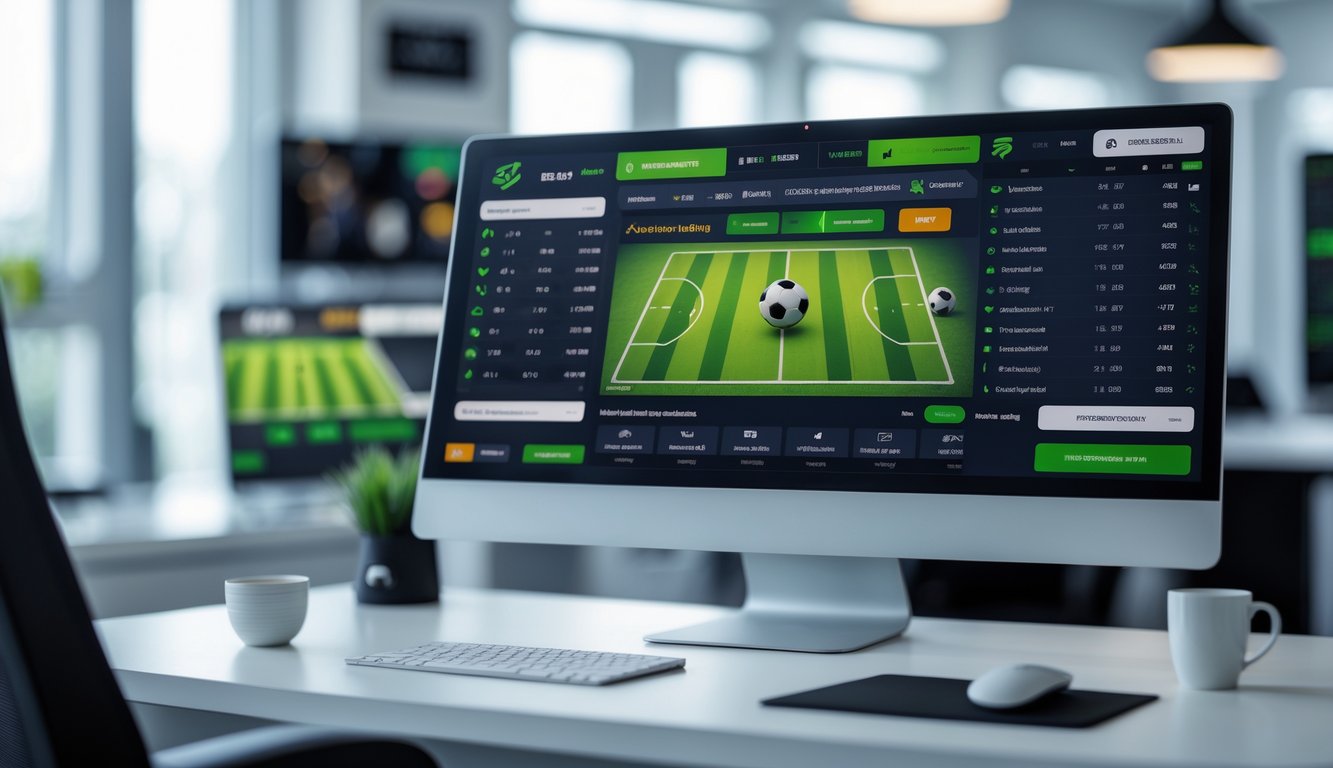 Seorang pengguna bekerja di depan komputer dengan layar yang menampilkan jadwal olahraga dan pembaruan waktu nyata.