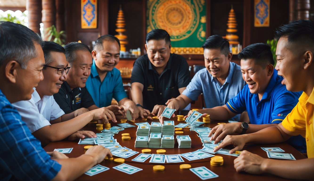 Sekelompok orang bermain permainan tradisional dengan uang asli di atas meja dalam ruangan yang terang.
