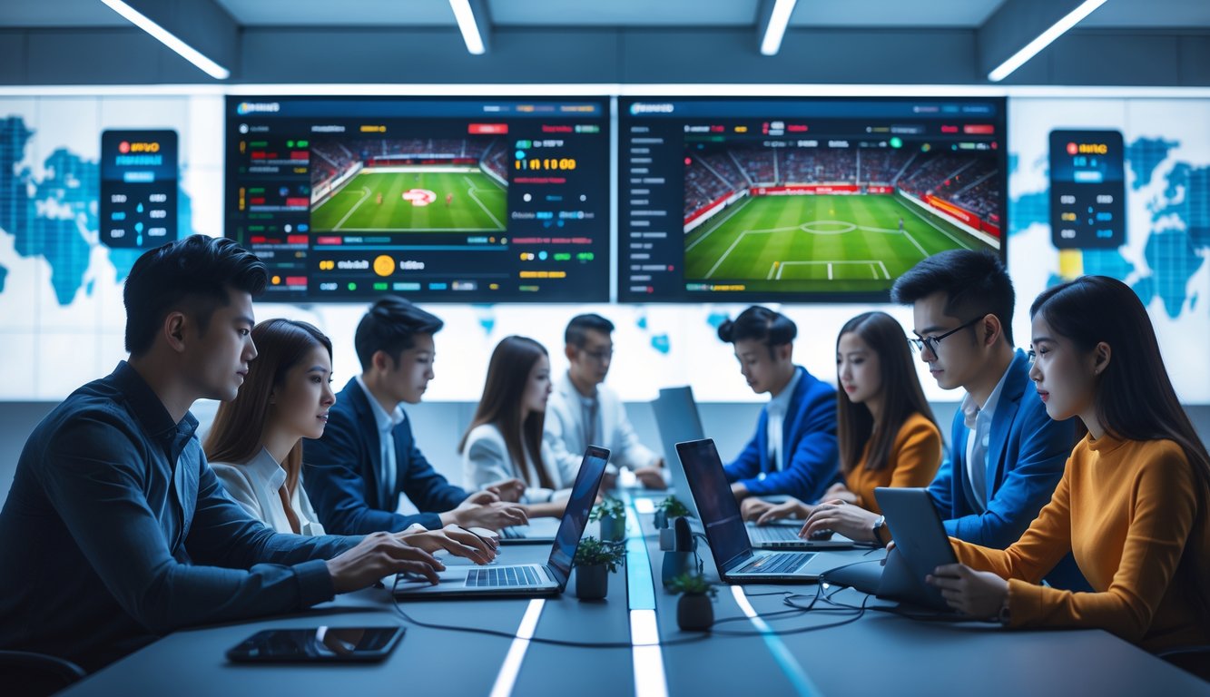 Orang-orang muda menggunakan perangkat digital untuk mengakses pertandingan olahraga secara cepat di lingkungan kerja modern.