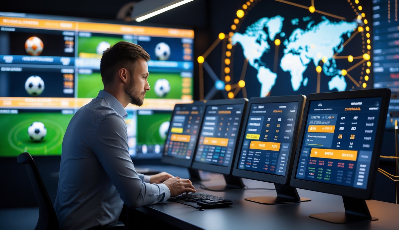 Seorang pria menggunakan perangkat layar sentuh di meja kerja dengan beberapa monitor menampilkan berbagai pertandingan olahraga global.