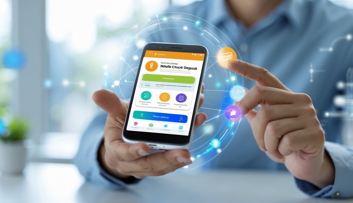Tangan memegang ponsel dengan layar aplikasi pembayaran digital, latar belakang kantor atau rumah yang samar.
