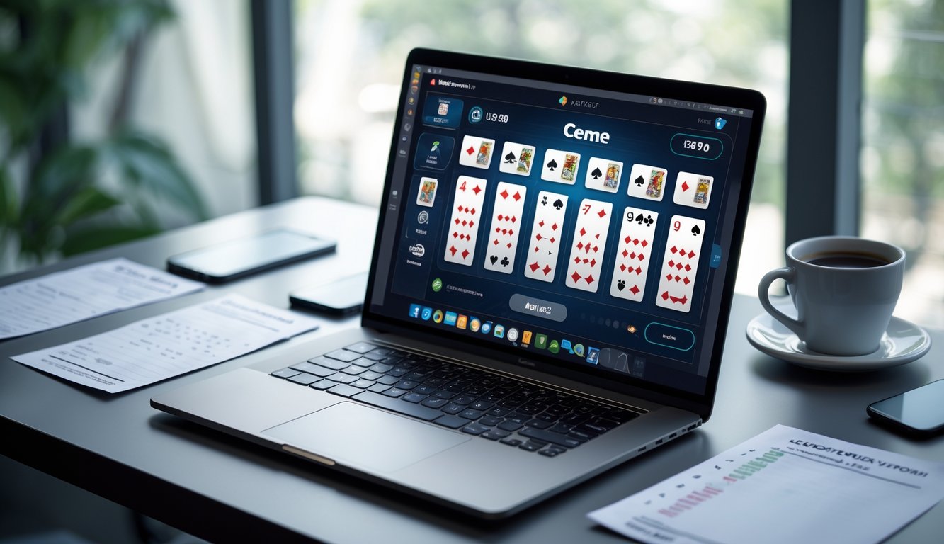 Meja kerja modern dengan laptop yang menampilkan permainan kartu Ceme, catatan strategi, ponsel, dan secangkir kopi.