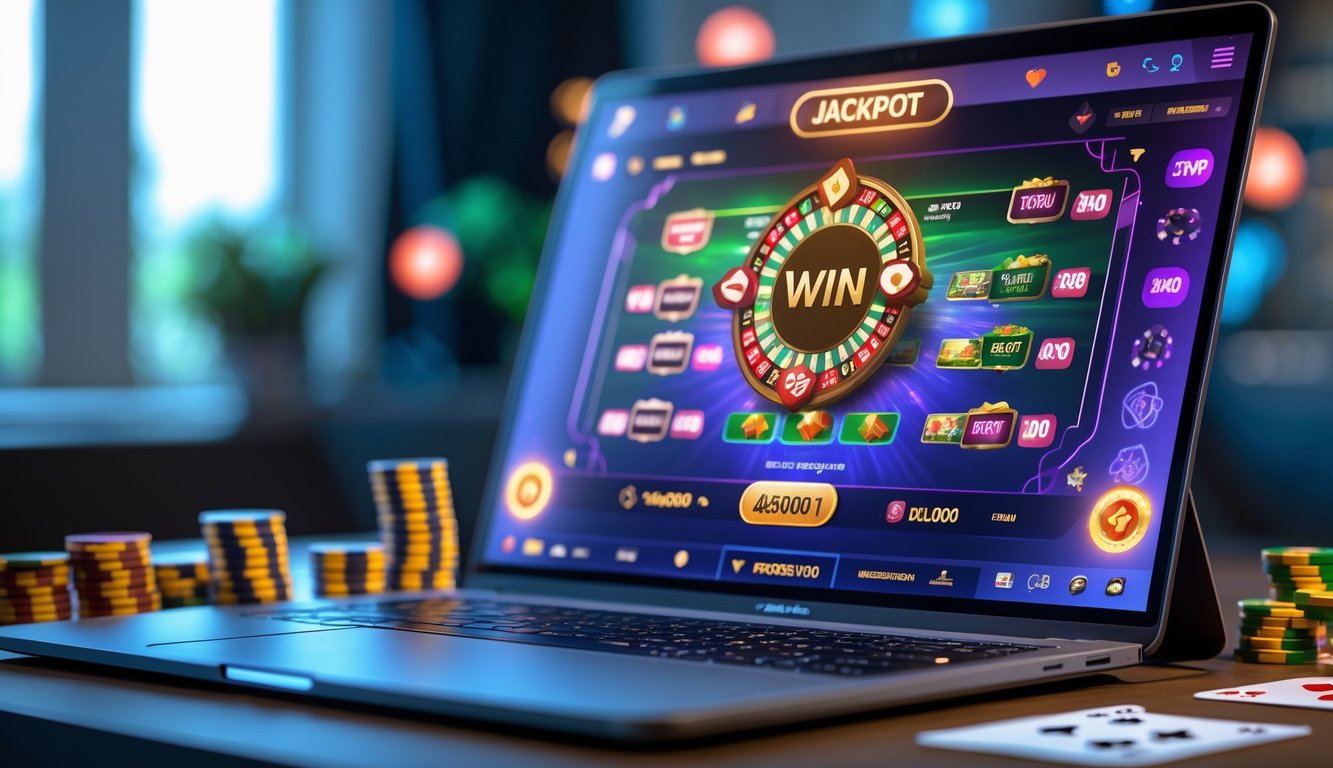 Seorang pemain menggunakan komputer dengan layar menampilkan permainan kartu online dan chip poker di sekitarnya.