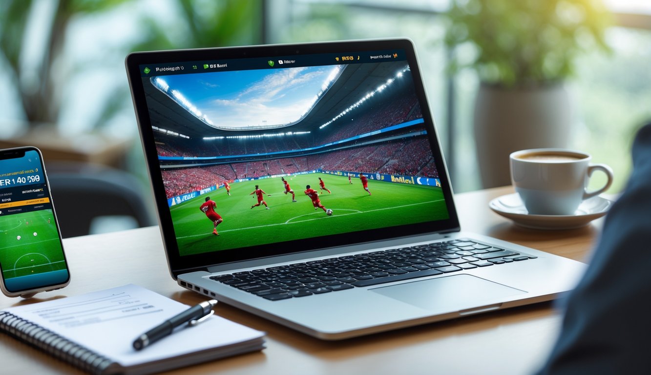 Seorang pria menggunakan laptop dan ponsel untuk memasang taruhan pada pertandingan sepak bola yang sedang berlangsung.