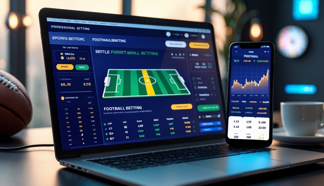 Meja kerja modern dengan laptop dan ponsel yang menampilkan aplikasi taruhan bola online, kopi di samping, dan latar belakang dengan memorabilia sepak bola.