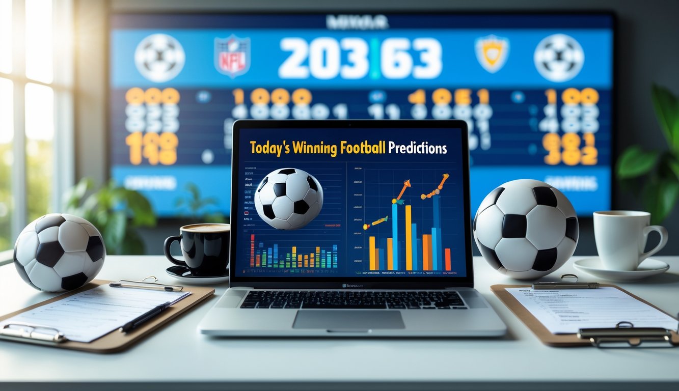 Meja kerja dengan laptop menampilkan statistik sepak bola, bola sepak, clipboard catatan pertandingan, dan cangkir kopi di ruangan terang.