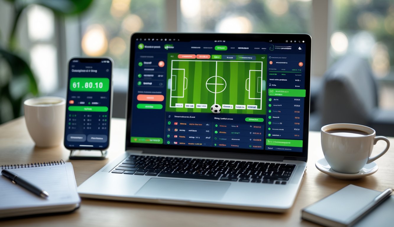 Seseorang menggunakan laptop dengan tampilan taruhan sepak bola online di sebuah ruang kerja yang nyaman.