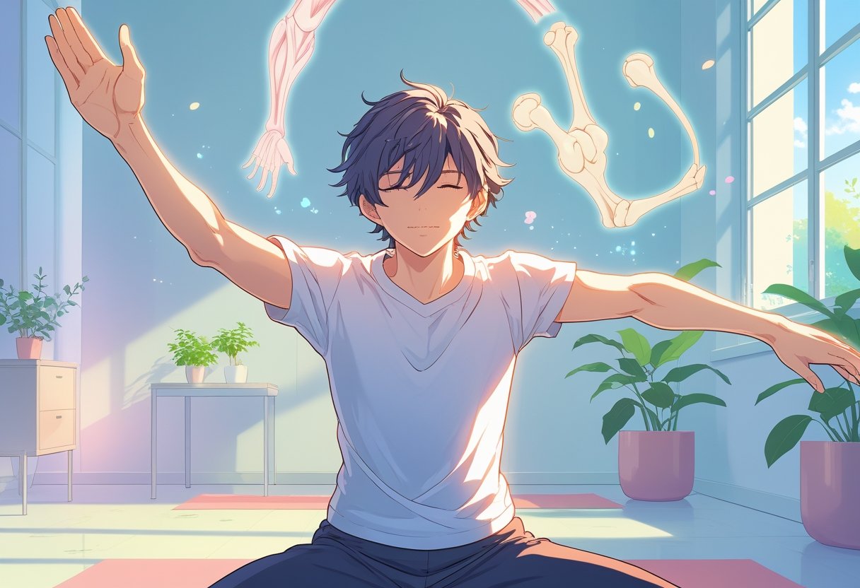 Pessoa realizando exercícios terapêuticos em um ambiente tranquilo e iluminado.