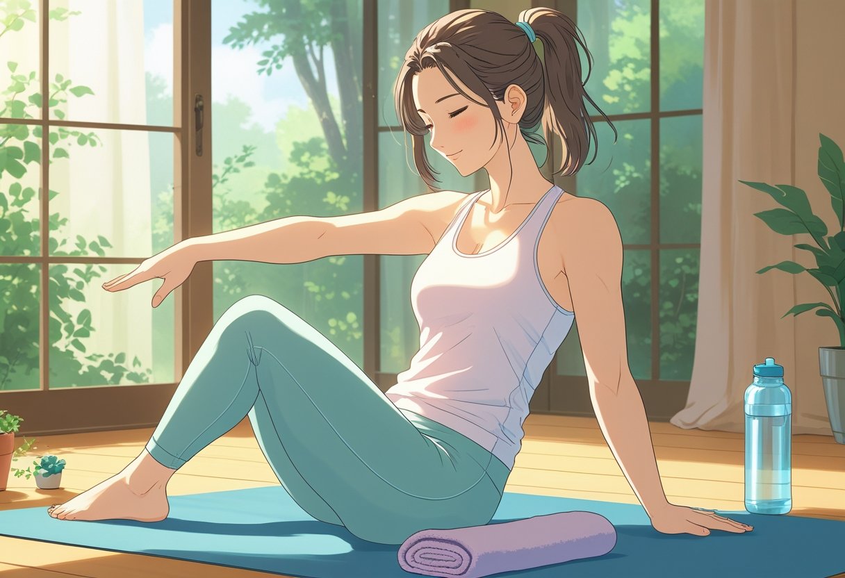 Uma mulher realizando exercícios terapêuticos em um ambiente tranquilo e iluminado pela luz natural, com plantas e decoração simples ao redor.