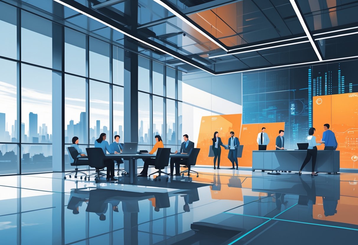 Sekelompok profesional sedang berdiskusi di ruang kantor dengan pemandangan kota di luar jendela.