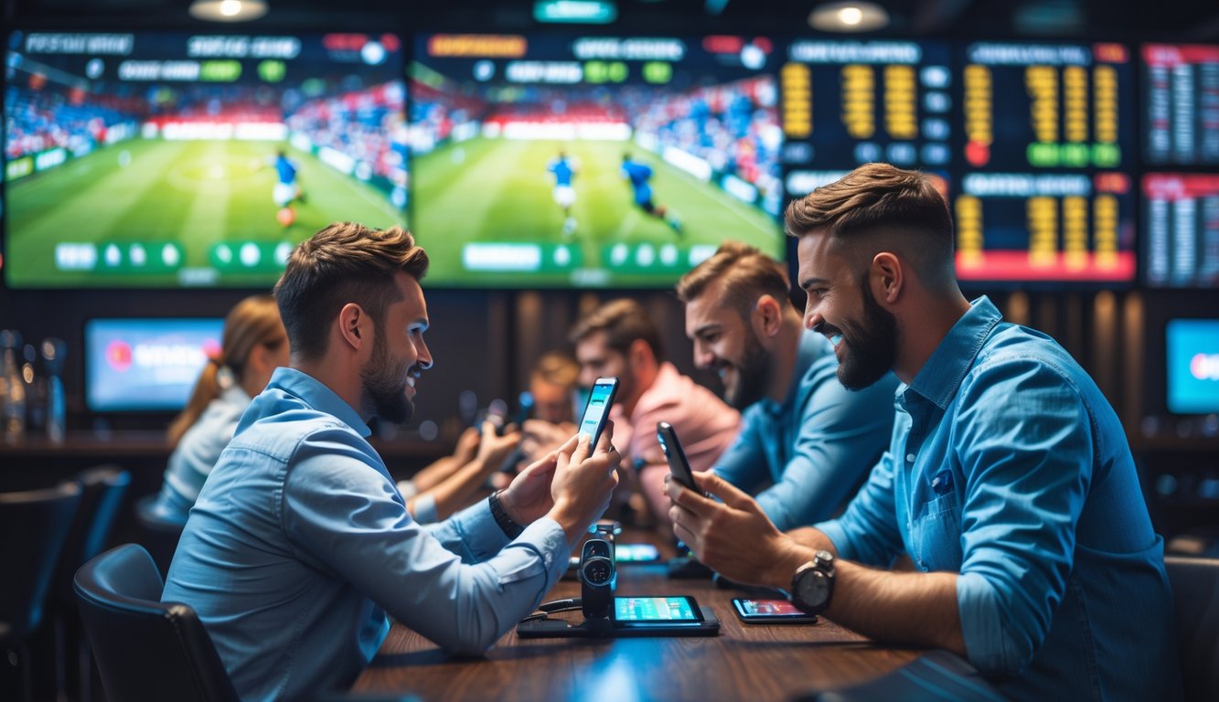 Orang-orang di sebuah ruang taruhan olahraga modern sedang melihat layar besar yang menampilkan skor pertandingan sepak bola secara langsung.