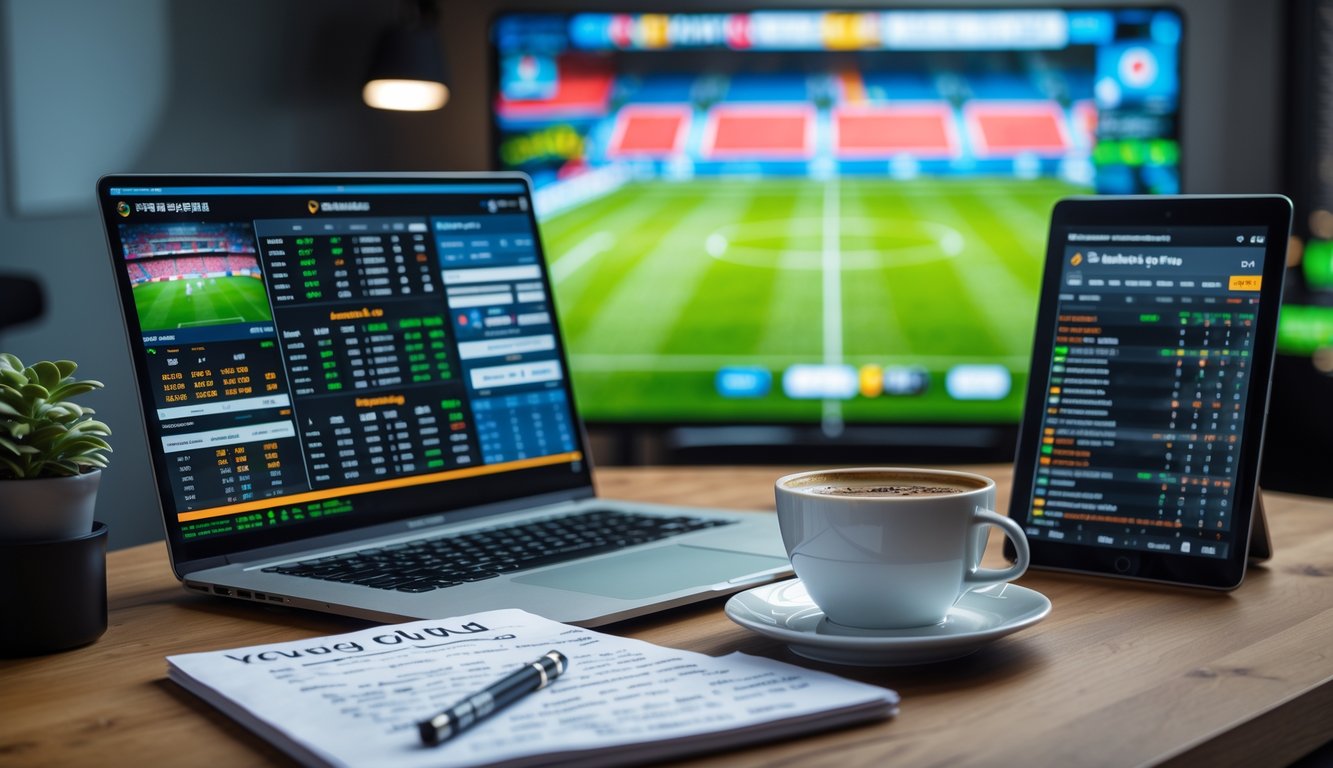 Sebuah meja kerja dengan laptop menampilkan data pertandingan sepak bola, ponsel dengan peluang taruhan, catatan strategi, dan televisi yang menayangkan pertandingan sepak bola secara langsung.