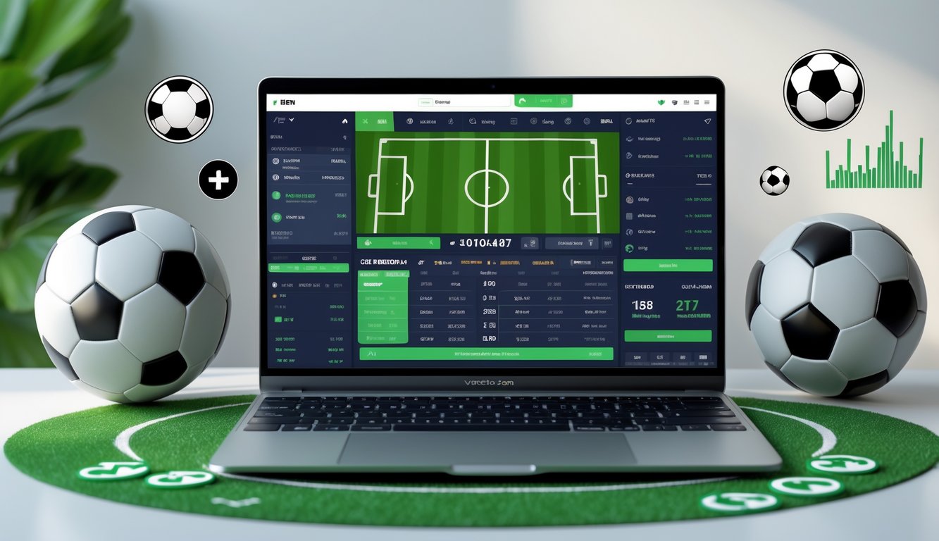 Seorang pria menggunakan laptop dengan tampilan situs taruhan bola online di meja kerja yang rapi dengan bola sepak di sampingnya.