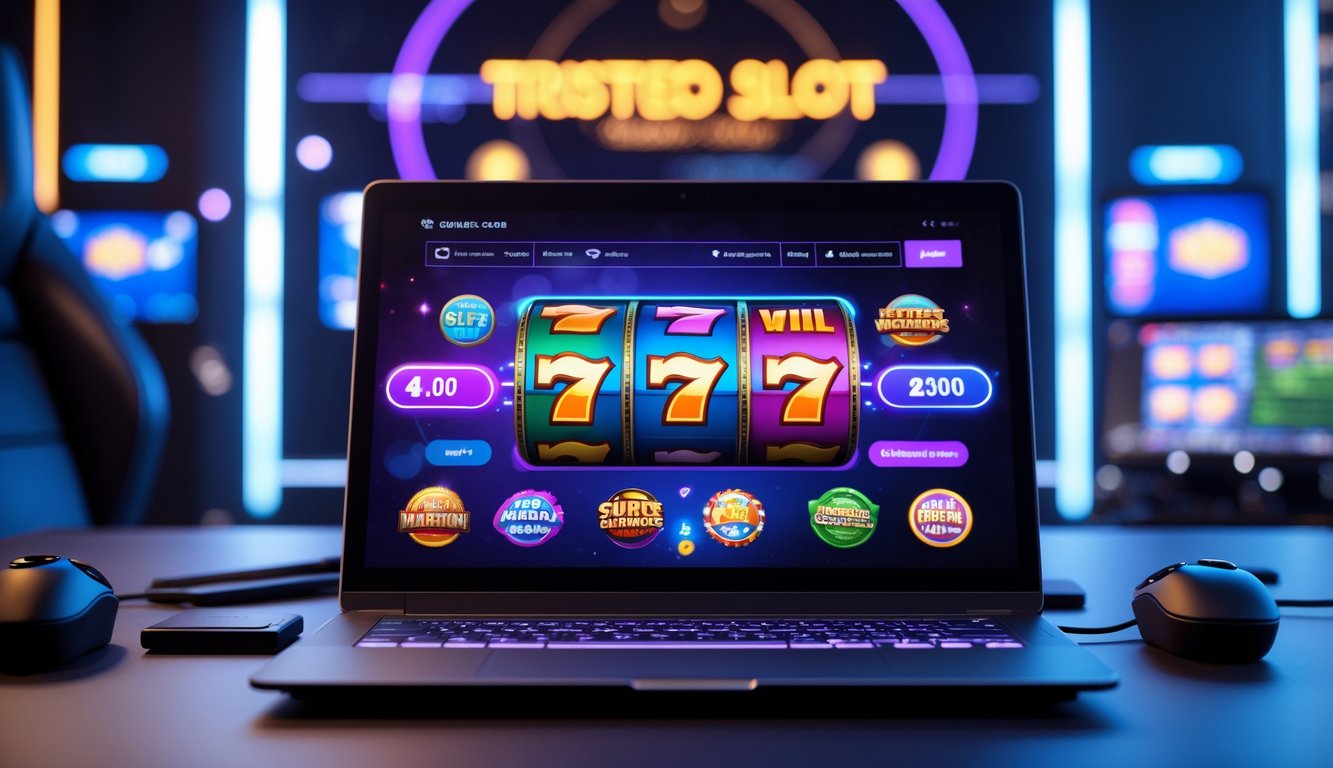 Seorang pemain sedang menggunakan komputer dengan tampilan permainan slot online yang penuh warna dan menarik.