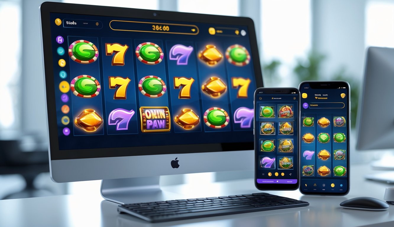 Tampilan antarmuka permainan slot online modern di komputer dan ponsel di meja kantor.