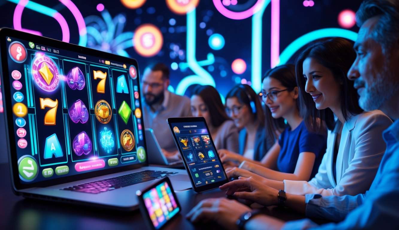 Orang-orang bermain permainan slot online dengan antarmuka digital berwarna-warni dan tema kreatif.