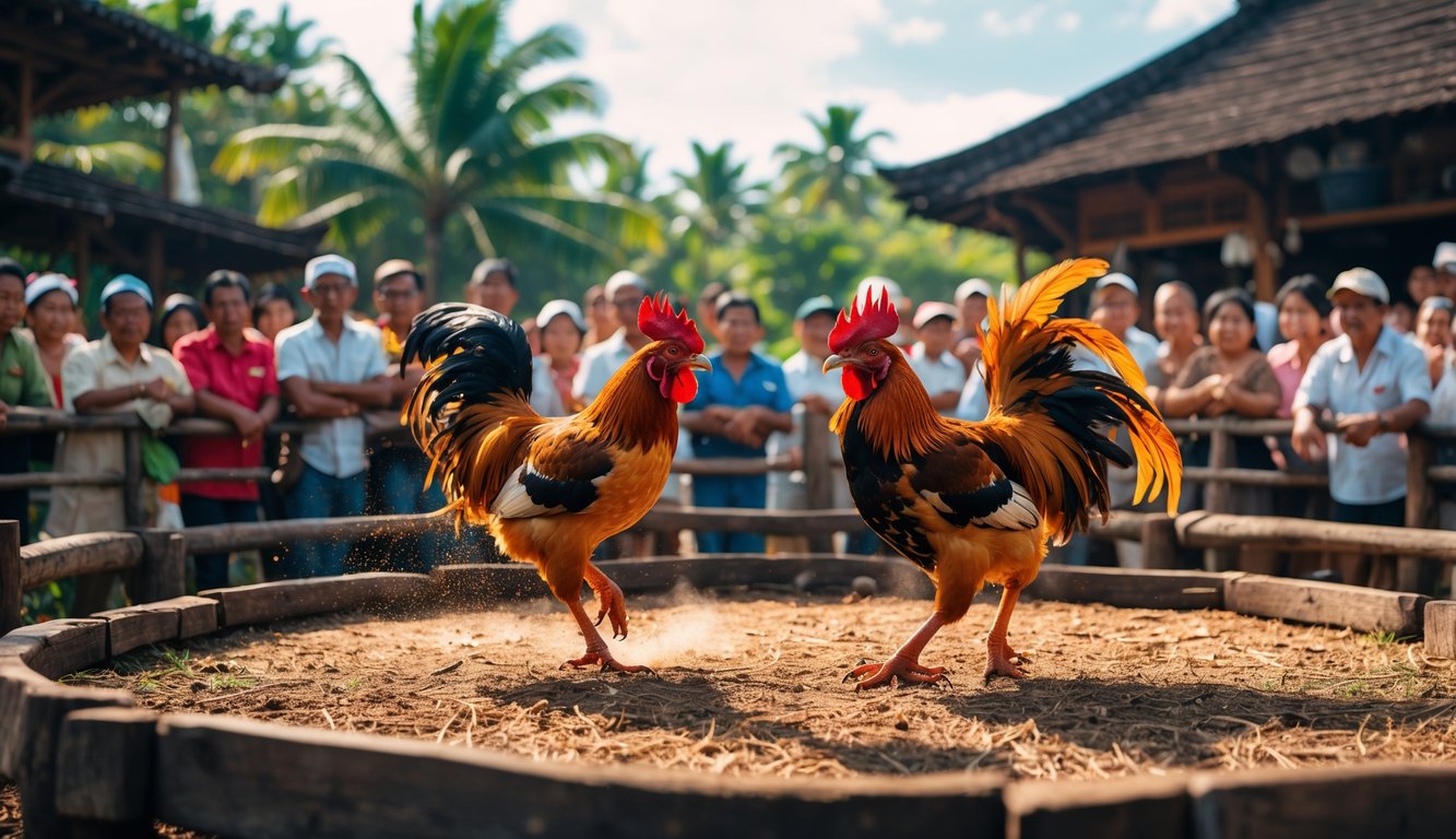 Suasana arena sabung ayam tradisional dengan dua ayam jantan bertarung dan penonton yang antusias di sekitarnya.